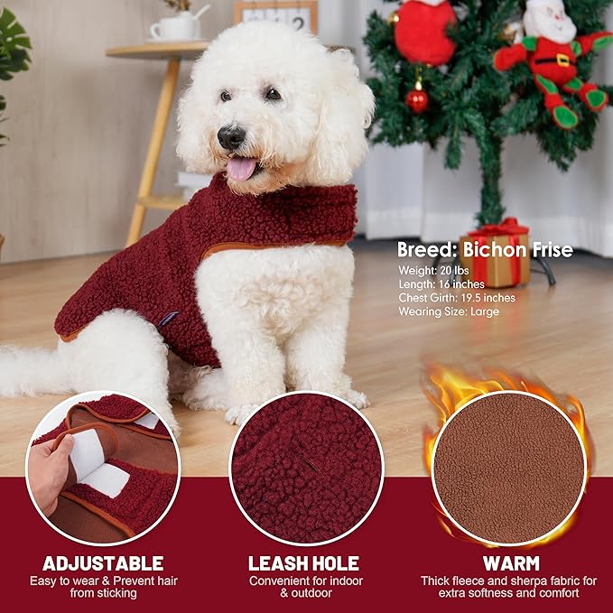 cyeollo Warm Dog Coat Fleece Sherpa Winter Sweater Coats, Turtleneck Reversible Jackets for Small Medium Large Dogs with Leash Hole, Soft Cold Weather Vest, Burgundy, XXL