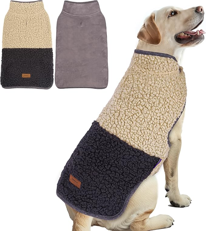 cyeollo Warm Dog Coat Sherpa Winter Coat, Reversible Fleece Dog Jackets Sweater Vest for Large Dogs Male with Leash Hole, Soft Cold Weather Pet Clothes, Khaki XXXL