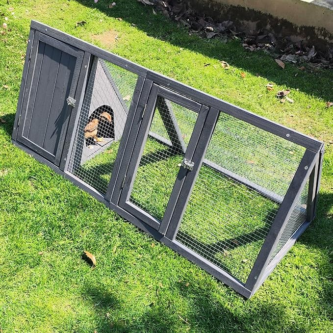 Rabbit Hutch Outdoor Chicken Coop Wooden A-Frame Small Animal Cage Quail Cage w/Chicken Run & Ventilated Wire Fence Suitable for Garden Backyard Farms 47 x 18 x 19.5 in (Grey)