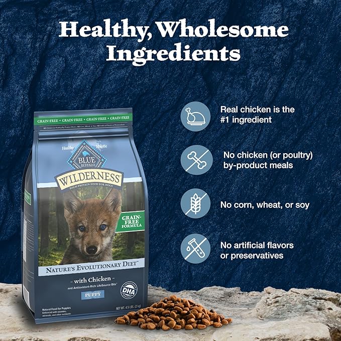 Blue Buffalo Wilderness Puppy High-Protein Dry Dog Food with Real Chicken, Grain-Free, Made in The USA with Natural Ingredients, Chicken, 4.5-lb. Bag (Pack of 4)