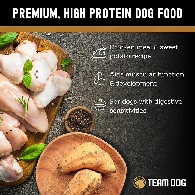 TEAM DOG Elite Blend High Protein Dog Food | Chicken Meal & Sweet Potato | For High Energy, High Performance Dogs | Easy to Digest | Gluten Free, GMO Free, No Corn, Wheat or Soy | (33 lb Dry Dog Food)