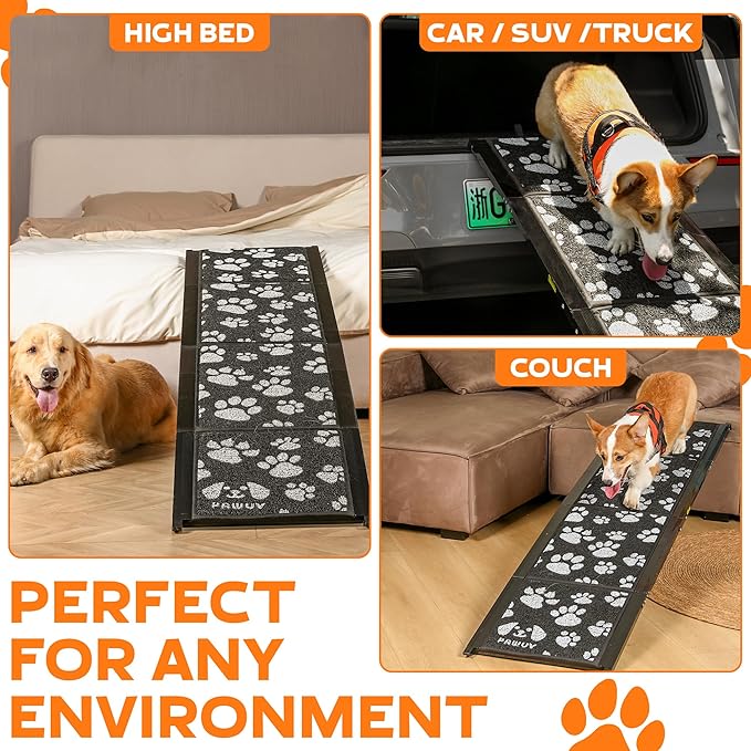 Dog Ramp for Car – Portable Folding Aluminum Pet Ramp with Non-Slip Paw Print Surface – Extra Wide Portable Ramp for Large, Small & Senior Dogs to Get in Cars, SUVs, Trucks & Beds- 71" Long & 17" Wide