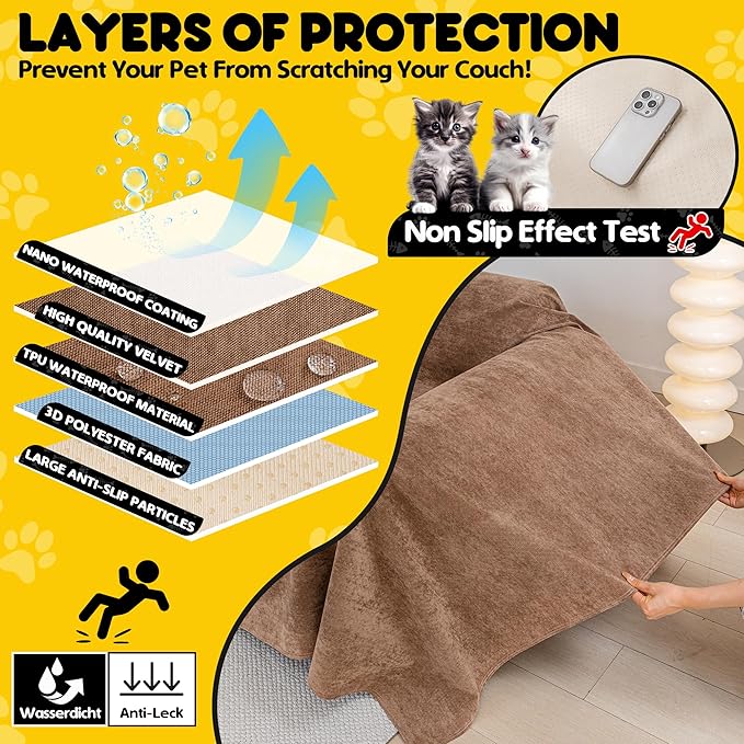 Cat Scratch Furniture Protector - Anti-Slip, Waterproof Sofa Cover to Keep Cats Off, Pet-Friendly Couch Protectors for 3 Cushion Couch, Brown Anti-Scratch Couch Cover for Pets and Kids 150"X71"