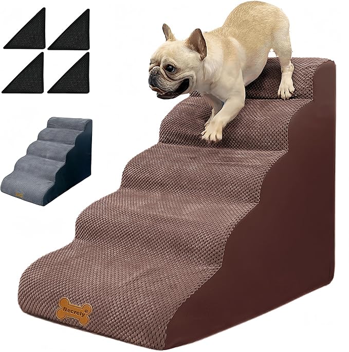 Dog Stairs & Pet Ramp for Small/Large Dogs to High Beds/Couches - 5 Steps 24-inch Height for 18-30 inch Furniture, 2 Washable Covers (Brown, Grey), Non-Slip Balanced 33D Design for Old Dogs & Cats