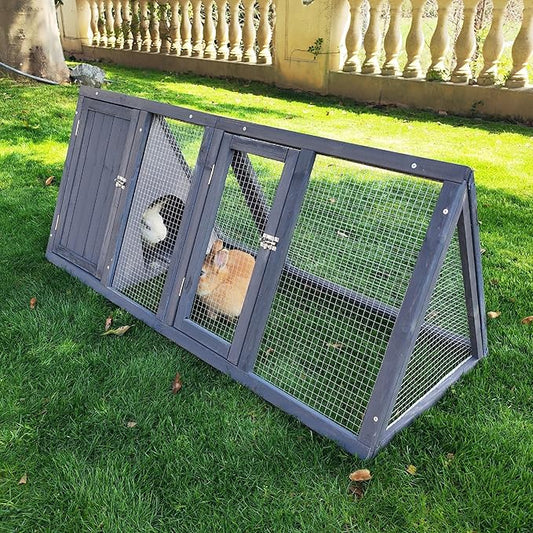 Rabbit Hutch Outdoor Chicken Coop Wooden A-Frame Small Animal Cage Quail Cage w/Chicken Run & Ventilated Wire Fence Suitable for Garden Backyard Farms 47 x 18 x 19.5 in (Grey)