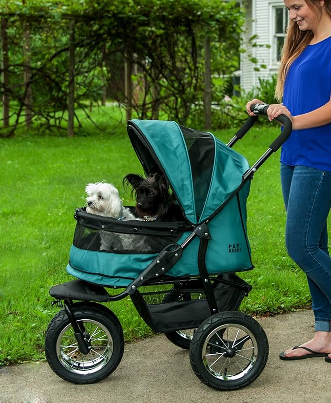 Pet Gear NO-Zip Double Pet Stroller, Zipperless Entry, for Single or Multiple Dogs/Cats, Plush Pad + Weather Cover Included, Large Gel-Filled Tires, 1 Model 3 Colors New Pine Green