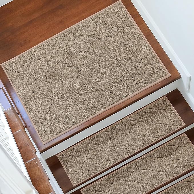 COSY HOMEER Edging Stair Treads Non-Slip Corner Indoor Stair Runners for Wooden Steps,Landing Slip Resistant Stair Rugs for Kids and Dogs, 100% Polyester TPE Backing,Beige,20"X32"