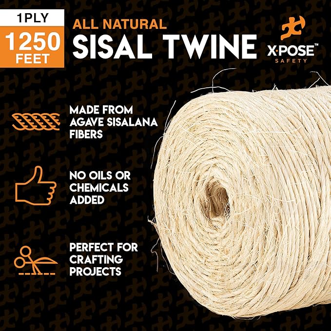 Sisal Twine - 1 Ply 1250 Ft Thin Natural Fiber Rope on Spool - Rope Cat Scratching Post, Rope for Cat Scratcher, Cat Tree Replacement Parts, Pet Toy - Decorative Cordage for Crafts, Pole Wrap