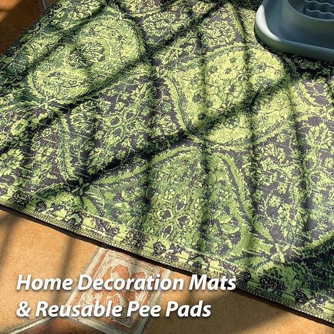 nunubaby Washable Pee Pads for Dogs, Stylish, Non-Slip and Leak-Proof Pee Pads. Reusable Potty Pads for Dogs for Crates and Floors.(Green/Multi, 54" x54")
