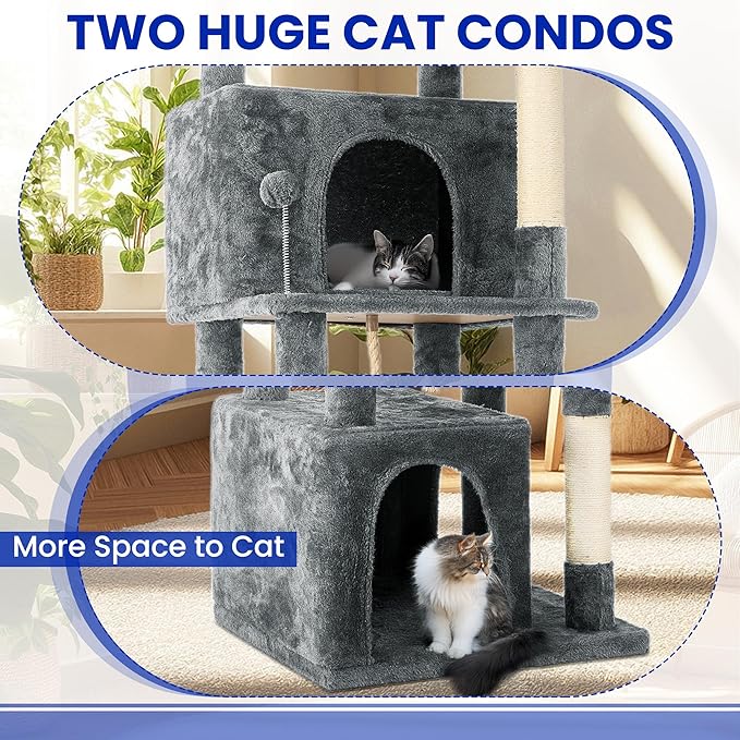 69-Inch Tall Cat Tree with Huge Condos, Multi-Functional Cat Tower with Top Perches, Scratching Posts, Pompoms, for Climbing, Lounging and Playing (Grey)