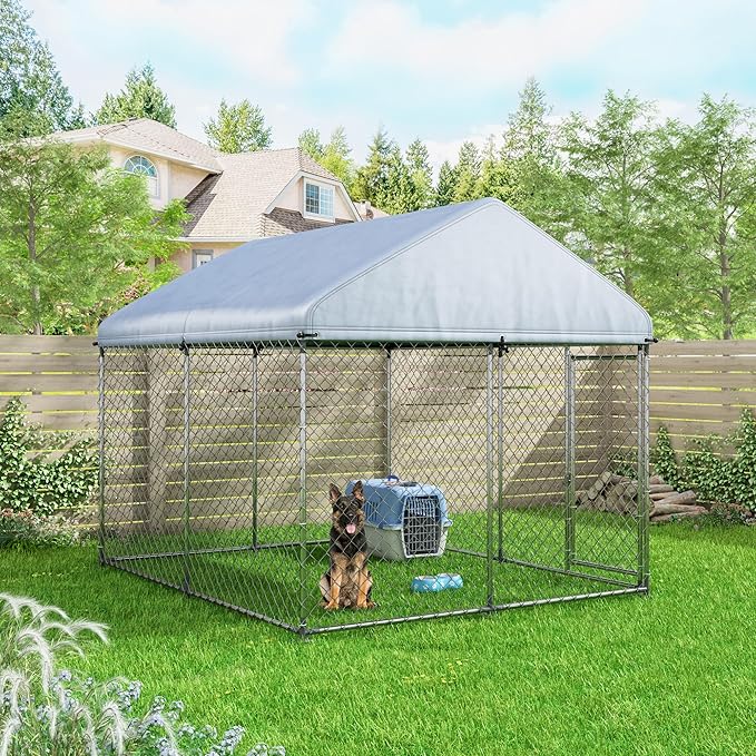 9.2' x 7.7' x 7.7' Large Outdoor Dog Kennel, 2.5 Wire Diameter Thickened Wire Mesh Dog Kennel Outside, UV & Water Resistant 420D Oxford Fabric, Galvanized Chain Link Dog Runs with Safe Lock