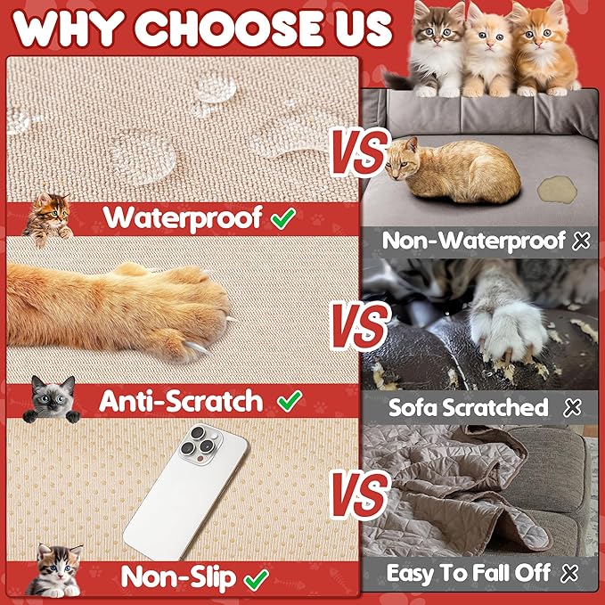 Cat Scratch Furniture Protector - Anti-Slip, Waterproof Sofa Cover to Keep Cats Off, Pet-Friendly Couch Protectors for 3 Cushion Couch, Khaki Anti-Scratch Couch Cover for Pets and Kids 134"X71"