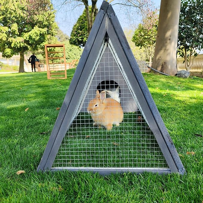 Rabbit Hutch Outdoor Chicken Coop Wooden A-Frame Small Animal Cage Quail Cage w/Chicken Run & Ventilated Wire Fence Suitable for Garden Backyard Farms 47 x 18 x 19.5 in (Grey)