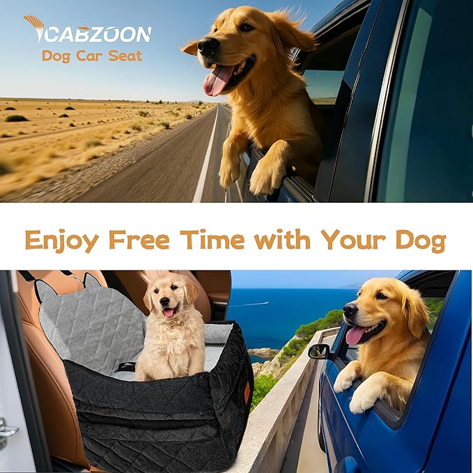 Dog Car Seat for Small/Medium Dogs Up to 35lbs,Elevated Cushion Fits in Front/Back Seat,Travel Safety Per Car Bed with Washable Removable Cover, Storage 2 Pockets Black-Grey
