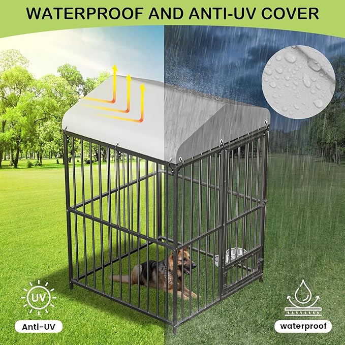 4x4x6 FT Outdoor Dog Kennel, Heavy-Duty Outdoor Enclosures with Lock, UV-Resistant Waterproof Roof Cover & Swivel Stainless Steel Feeding Bowl,for Medium & Large Dogs,Easy Assembly