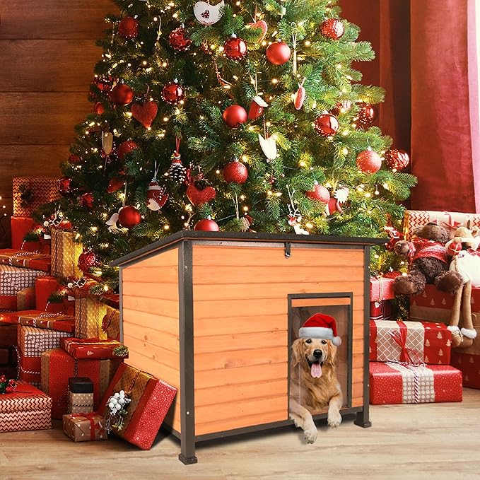 Dog House Outdoor with Prevent Chewing Iron Frame, Cat Houses Removable Floor and Open Roof for Dogs,Cats,Rabbits Animals