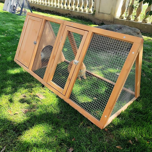 Rabbit Hutch Outdoor Chicken Coop Run A-Frame Bunny Cage Wooden Quail Cage w/ 2 Door & Ventilated Wire Fence Small Animal Cage for Garden Backyard Farms 47 x 18 x 19.5 in
