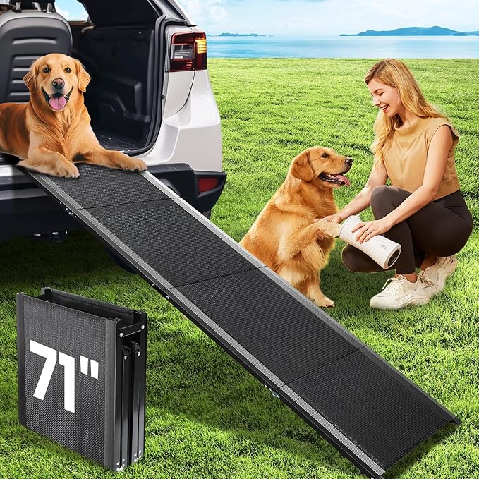 Dog Ramp for Car, 71''x 17'' Pet Ramp for Large Dogs with Anti-Slip Surface, Extra Long Dog Ramps Up to 250LBS for Truck SUV Van Stairs, Folding Car Ramp for Dogs to Get on Bed Couch