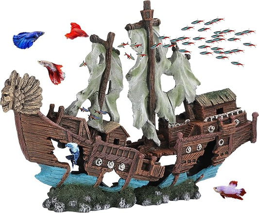 UNEAK - Large Shipwreck Aquarium Decorations Ornament w/Sail (2 Pieces) 20 Gallons high and Larger Fish Tank, Sunken Ship Decoration Ornaments, Pirate Boat, Resin, Freshwater Saltwater Decor