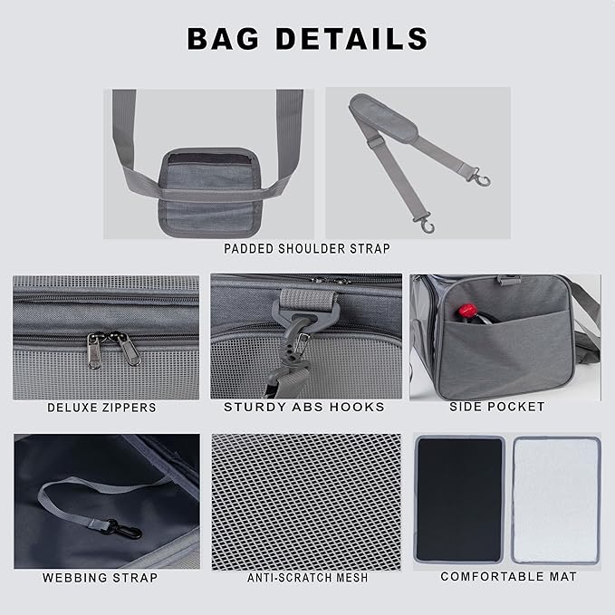 Airline Approved Soft Sided Pet Carrier for Small and Medium Dogs, Cats, and Puppies (Up to 15 lbs), Collapsible Portable Travel Bag for Dogs Cats (Grey)