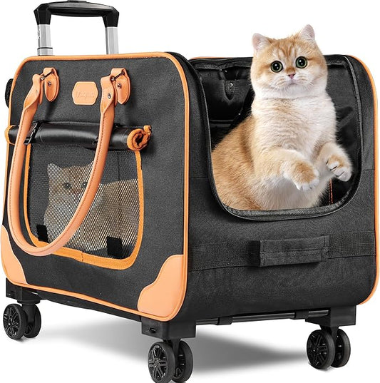 Large Cat Carrier with Wheels, Rolling Cat Carrier, 24"x 13.8"x 15.4" Pet Carrier with Wheels for Large Cats Small Dogs up to 38 LBS, Ideal for Travel, Walking and Camping(NOT for TSA)