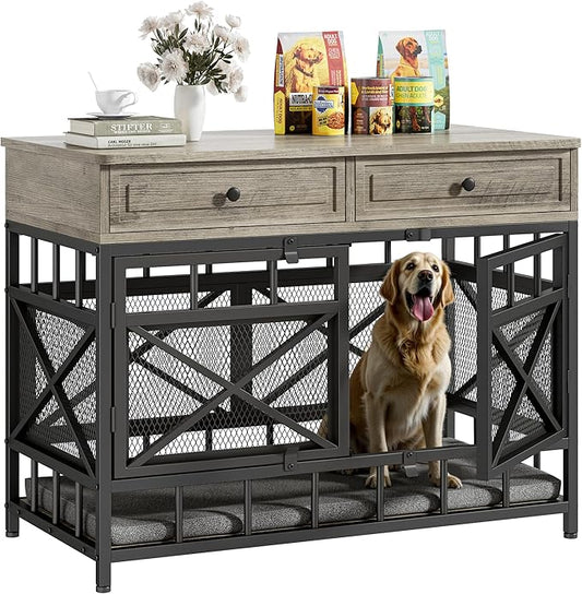 IRONCK 44 inch Large Dog Crate Furniture, Wooden Dog Kennel with Storage Drawers for Medium/Large Dogs, Decorative Dogs Kennel Indoor, Light Ivory