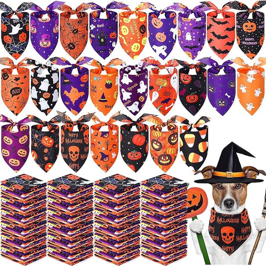 Abbylike 200 Pcs Halloween Dog Bandanas Bulk Pumpkin Bandanas for Dogs Pets Triangle Kerchief Bibs Scarf for Halloween Costume Photo Props Accessories Pet Shops Adoption Events Groomers, 25 Styles