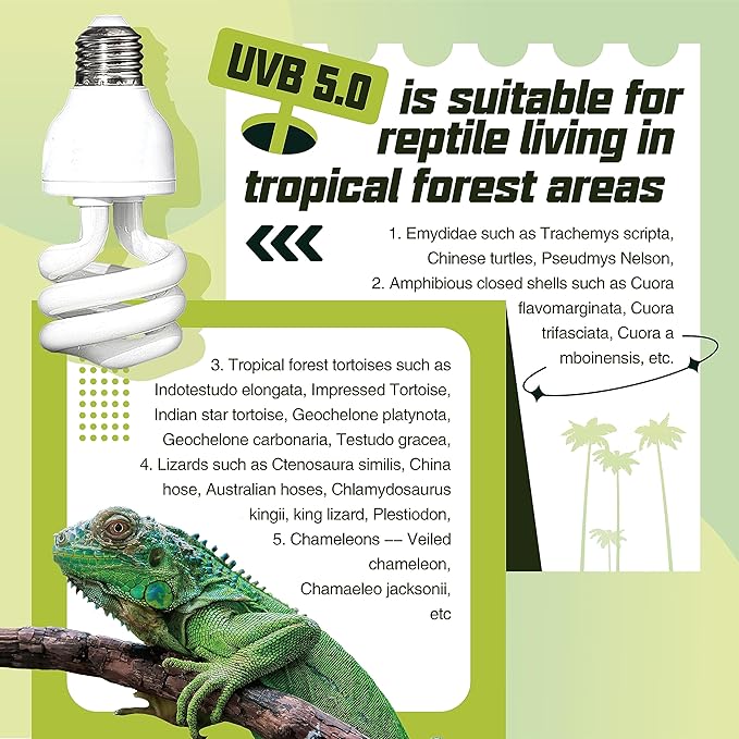 UVA UVB Reptile Heat Lamp 5.0 13W Reptile Lights Energy Saving UVB Bulb Spiral Compact Bulb Fit for Rainforest Type Reptile/Snake/Lizard/Insect/Turtle/Tortoise