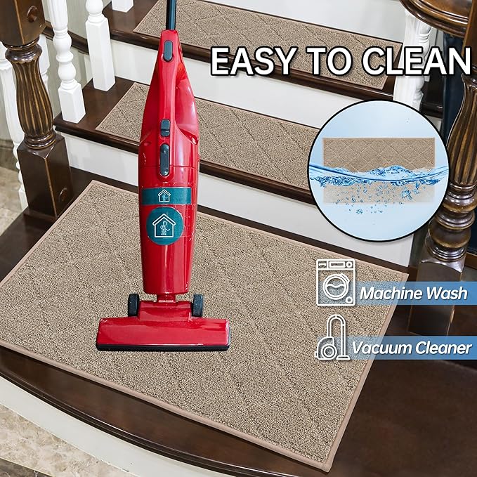 COSY HOMEER Edging Stair Treads Non-Slip Corner Indoor Stair Runners for Wooden Steps,Landing Slip Resistant Stair Rugs for Kids and Dogs, 100% Polyester TPE Backing,Beige,20"X32"