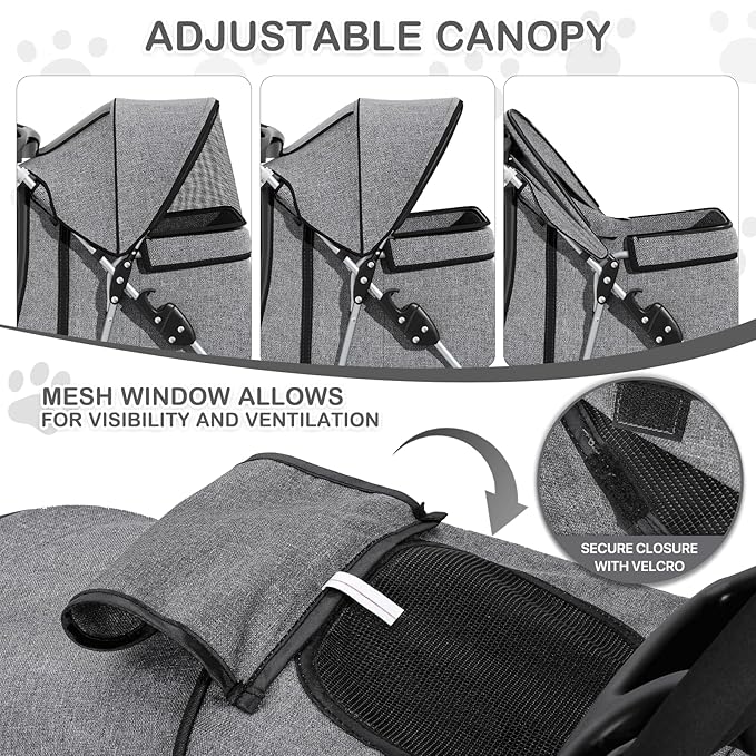 MoNiBloom 3 Wheels Pet Dog Cat Stroller for Small Medium Dogs and Cats, Lightweight Foldable Jogger Stroller w/Storage Basket and Cup Holder, Gray