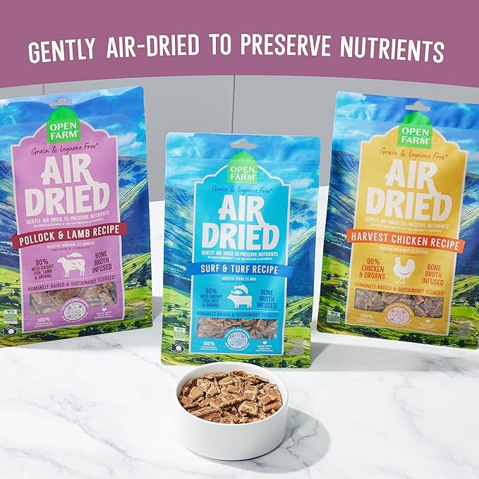 Open Farm, Air Dried Dog Food Infused with Bone Broth, Grain & Legume Free, Complete Meal or Food Topper, Pollock & Lamb Recipe, 1lb Bag