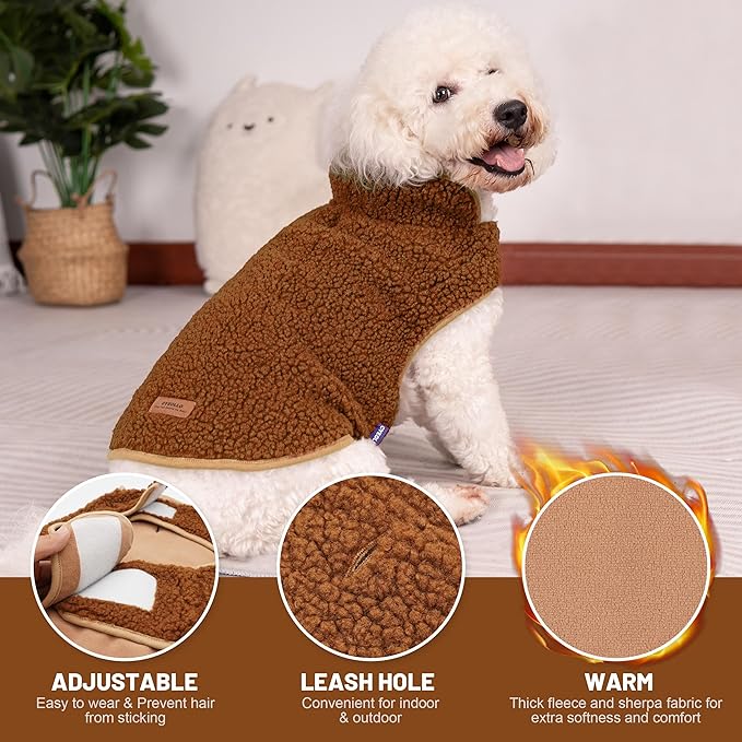 cyeollo Warm Dog Coat Fleece Sherpa Winter Sweater Coats, Turtleneck Dog Jacket Vest for Medium Large Big Dogs with Leash Hole, Soft Reversible Pet Coats for Cold Weather, Brown, XXXL