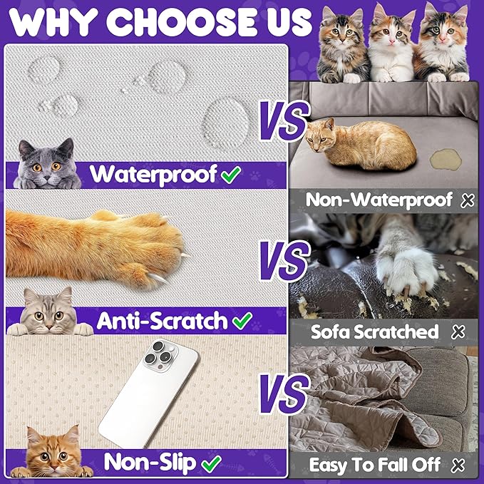 Cat Scratch Furniture Protector - Anti-Slip, Waterproof Sofa Cover to Keep Cats Off, Pet-Friendly Couch Protectors for 3 Cushion Couch, Beige Anti-Scratch Couch Cover for Pets and Kids 118"X91"Beige