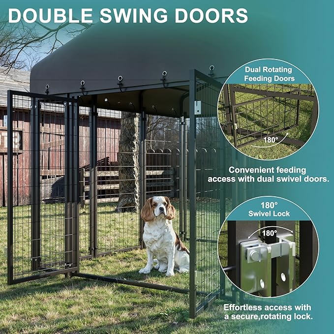 6 x 6 FT Large Outdoor Dog Kennel with Double Swing Doors, Heavy-Duty Dog Cage with Feeding Panel, Weatherproof Roof, Secure Fence Playpen for Large Dogs, Easy Assembly