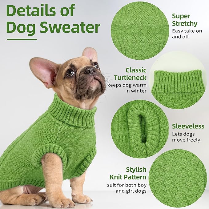 PUMYPOREITY XL Dog Winter Sweater, Soft Stretchy Knit with Ribbed Back Design, Warm Pullover with High Neck, Thick Knitwear Clothes, Dog Winter Apparel Indoor & Outdoor Wear, Green, XL