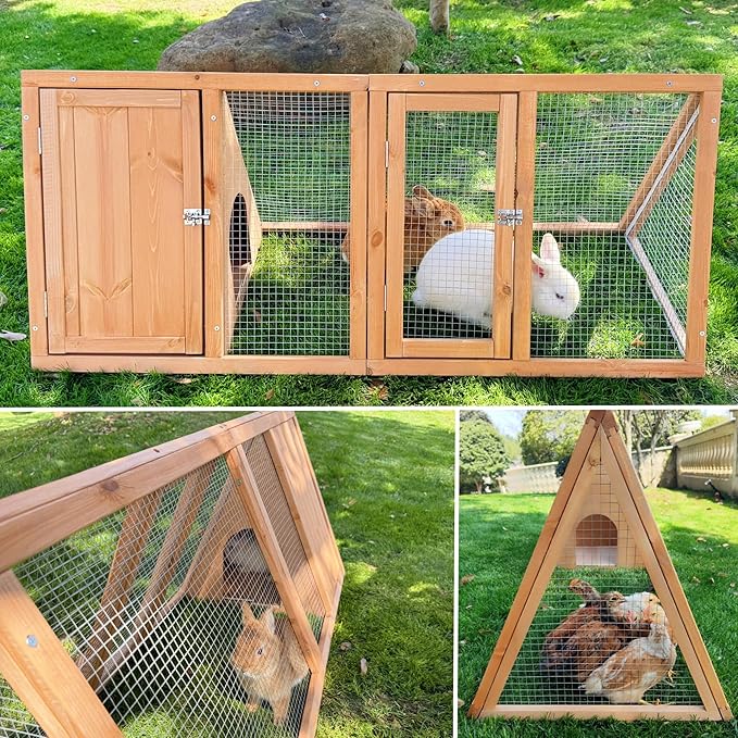 Rabbit Hutch Outdoor Chicken Coop Run A-Frame Bunny Cage Wooden Quail Cage w/ 2 Door & Ventilated Wire Fence Small Animal Cage for Garden Backyard Farms 47 x 18 x 19.5 in