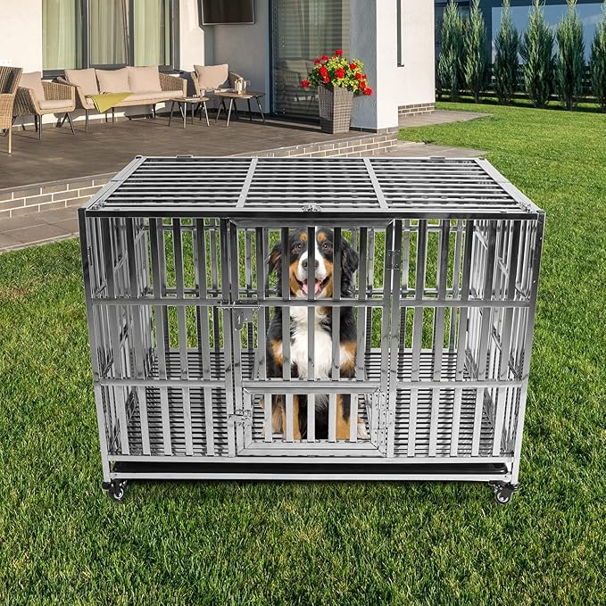 47" Stainless Steel Dog Crate Pet Kennel Foldable Dog Kennels Dog Cage Pet Playpen with Lockable Wheel, Tray for Medium and Large Dogs