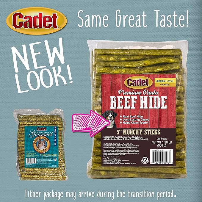 Cadet Premium Grade Rawhide for Dogs, Long-Lasting Munchy Sticks, Single-Ingredient Dog Chews, Chicken Flavor, 5-Inch, 100 Count