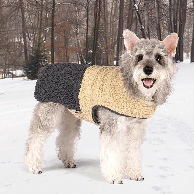 cyeollo Warm Dog Coat Sherpa Dog Winter Coat, Reversible Fleece Doggie Jackets Sweater Vest for Small Dogs Male with Leash Hole, Soft Cold Weather Pet Clothes, Khaki M