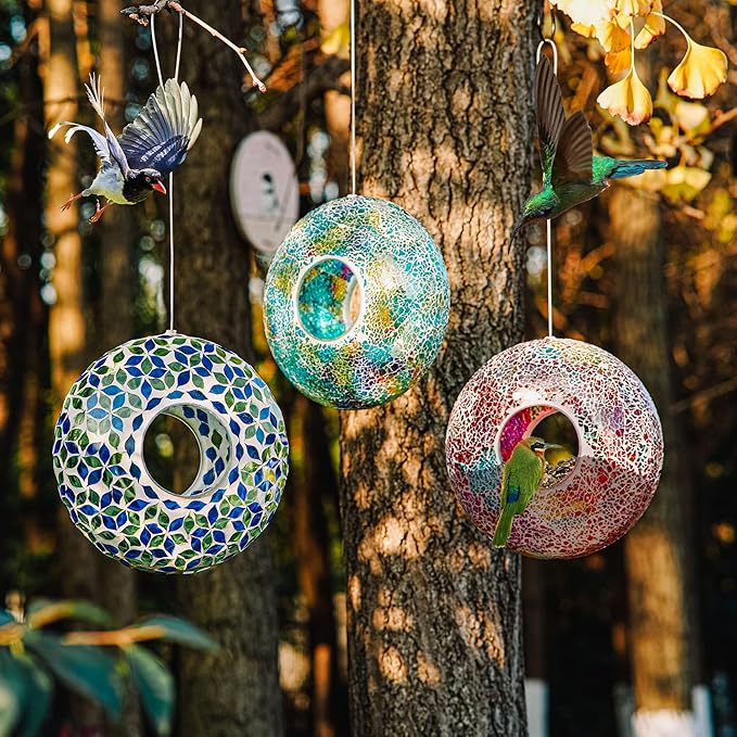 Topadorn Bird Feeder Fly Through Mosaic Round Stained-Glass Birdfeeder, Outdoor Hanging Wild Bird Feeder Squirrels-Proof for Garden Decoration Gift, Green & Blue Bird feeders, 9"