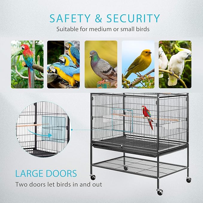 VIVOHOME 53 Inch Wrought Iron Large Bird Cage with Rolling Stand for Parrots Conures Lovebird Cockatiel Parakeets Black