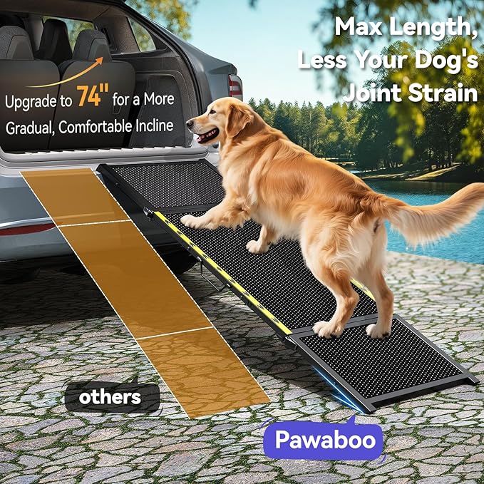 74'' L & 20'' W Longest Dog Ramp for Car - Extra Wide Portable Pet Dog Ramps for Large Dogs, Dogs Cars Ramp for Car SUV/Truck/RV/Bed, Lightweight Ramps with Non-Slip Mesh Up to 300LBS, Black