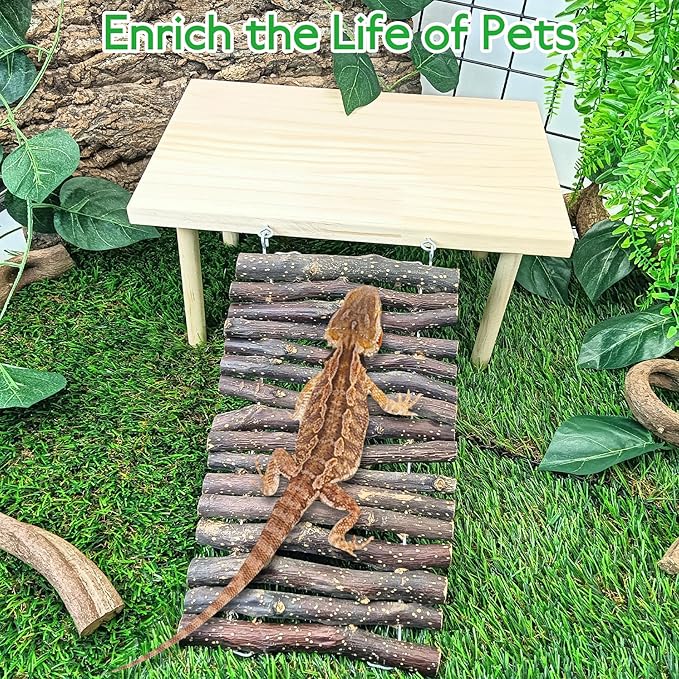 BNOSDM Wooden Basking Platform with Climbing Ramp Reptiles Hideout Bearded Dragon Hide Cave Reptile Tank Accessories Suit for Tortoise, Lizard, Toad, Gecko (Rectangle)