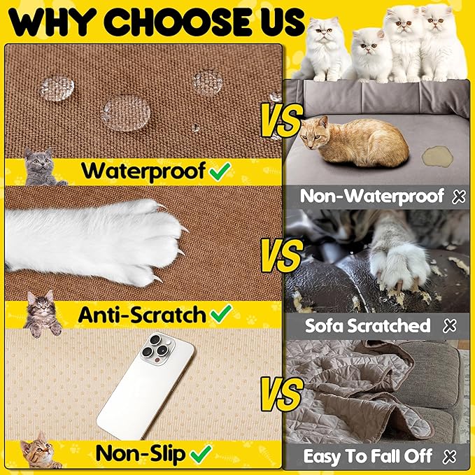 Loiion Cat Scratch Furniture Protector - Anti-Slip, Waterproof Sofa Cover to Keep Cats Off, Pet-Friendly Couch Protectors for 3 Cushion Couch, Anti-Scratch Couch Cover for Pets and Kids 134"X91"Brown