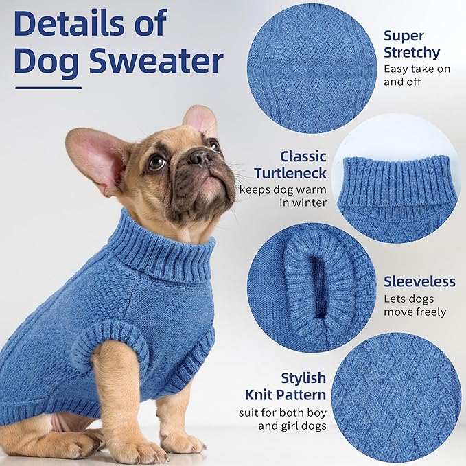 PUMYPOREITY Dog Sweater for Medium Dogs Girl Boy, Stretchy Dog Winter Coat Easy to Put On, Pet Turtleneck Thick Warm Sweatshirt, Winter Knit Pullover Cozy Fit, Thick Knitwear Clothes, Blue, M