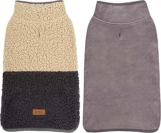 cyeollo Warm Dog Coat Sherpa Dog Winter Coat, Reversible Fleece Doggie Jackets Sweater Vest for Small Dogs Male with Leash Hole, Soft Cold Weather Pet Coats, Khaki S