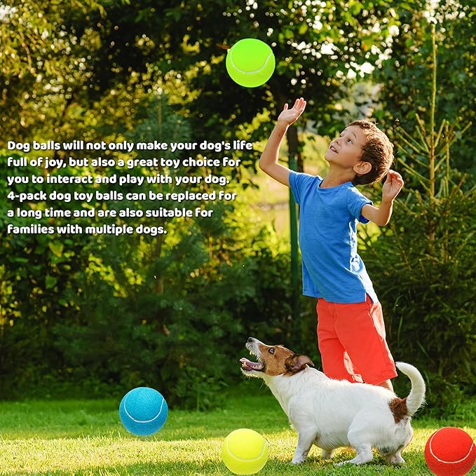 4 Pack Large Dog Tennis Balls, 4 inch Interactive Dog Toy Ball for Playing Training Sports Outdoor Indoor, Pet Toys Fetch Balls for Small, Medium, Large & Dogs