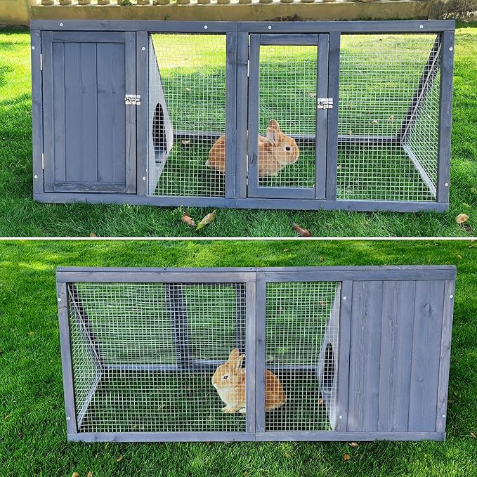 Rabbit Hutch Outdoor Chicken Coop Wooden A-Frame Small Animal Cage Quail Cage w/Chicken Run & Ventilated Wire Fence Suitable for Garden Backyard Farms 47 x 18 x 19.5 in (Grey)