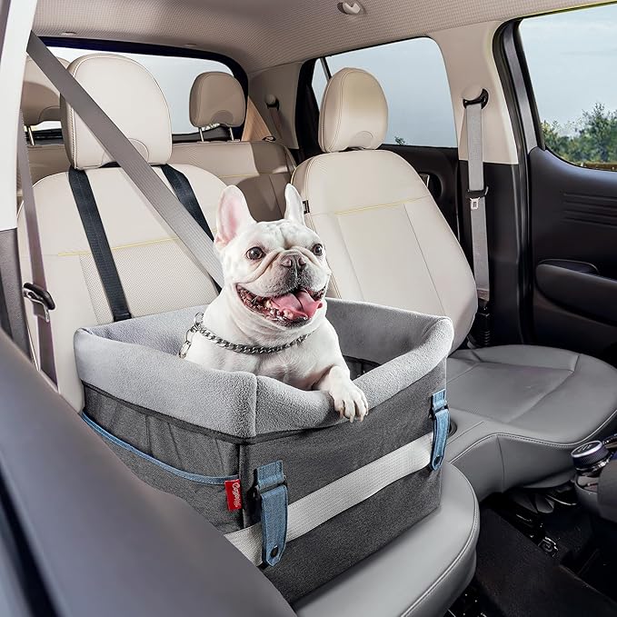 BurgeonNest Dog Booster Car Seat for Small Dogs, Washable Anti-Collapse Pet Bed for Car Front Back Seat, Cat Puppy Travel Carseats Up to 25lbs, Clip-On Safety Leash and Booster Fluffy Pad, Grey