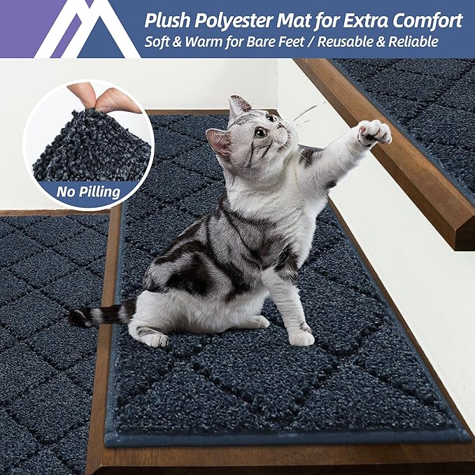 COSY HOMEER Edging Stair Treads Non-Slip Carpet Mat 28inX9in Indoor Stair Runners for Wooden Steps, Edging Stair Rugs for Kids and Dogs, 100% Polyester TPE Backing (10pc, Navy)